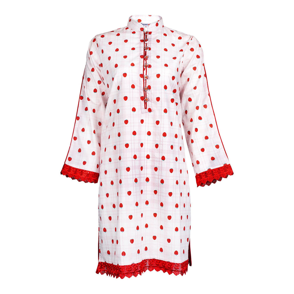 Women's Cotton Strawberry Lace Embellished Fancy Button Shirt, LS-501