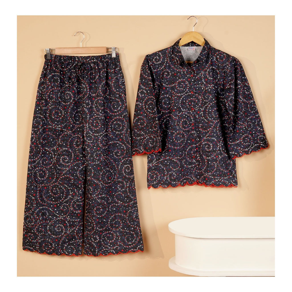 Girl's Stars Scalloped Sleeves & Bottom With Laces Co-Ord Set, Cotton, Navy Red & White, GCOR-10