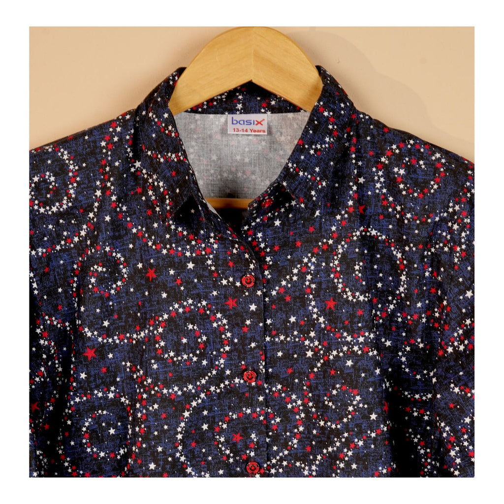 Girl's Stars Scalloped Sleeves & Bottom With Laces Co-Ord Set, Cotton, Navy Red & White, GCOR-10