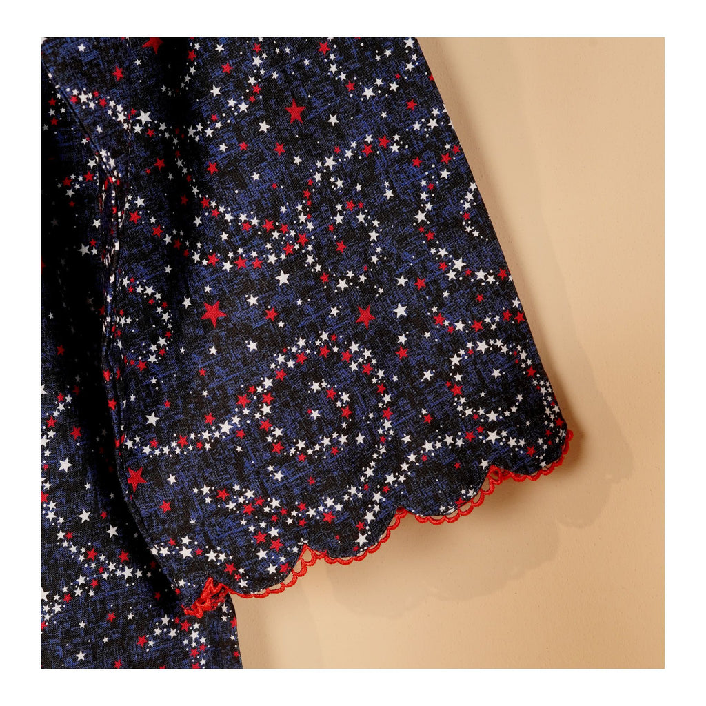 Girl's Stars Scalloped Sleeves & Bottom With Laces Co-Ord Set, Cotton, Navy Red & White, GCOR-10