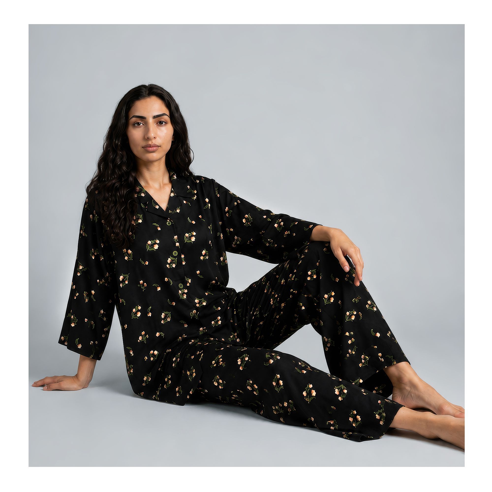 Women's Small Flora Co-Ord Set, Black, Viscose, CORD-135