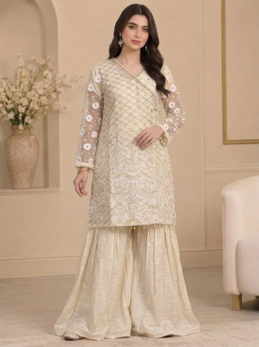 Off White – Embroidered 3-Piece Angrakha Style With Heavly Flared Sharara