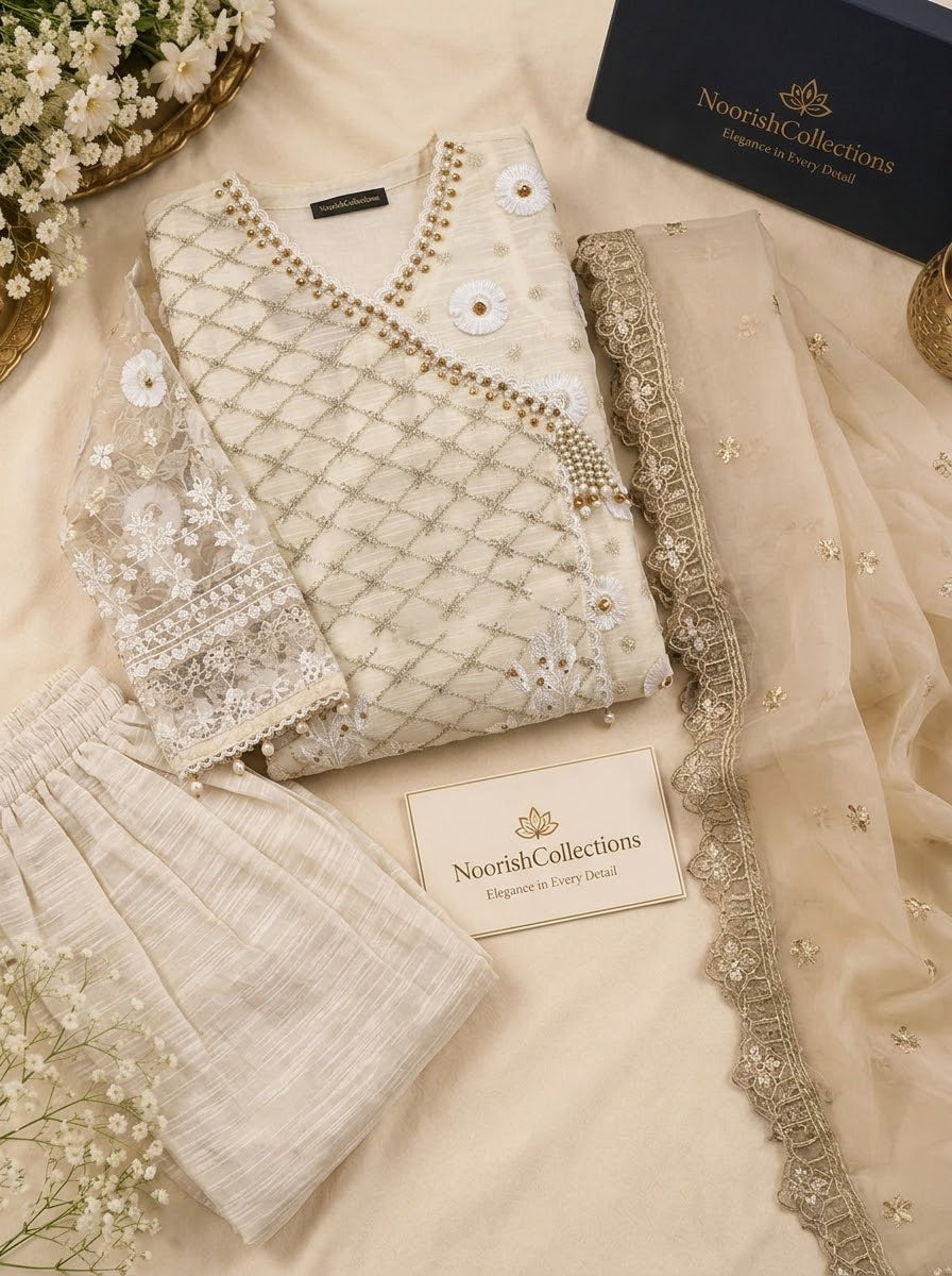 Off White – Embroidered 3-Piece Angrakha Style With Heavly Flared Sharara
