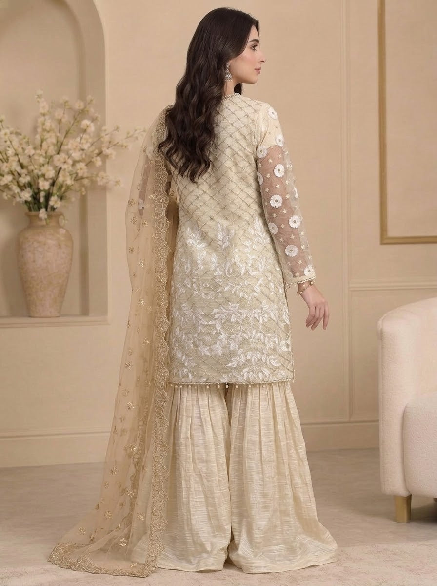Off White – Embroidered 3-Piece Angrakha Style With Heavly Flared Sharara
