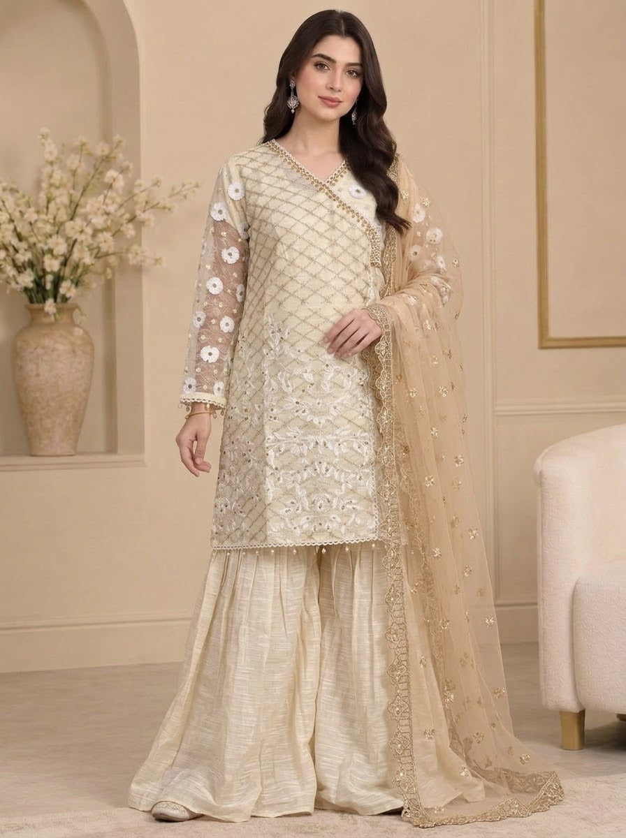 Off White – Embroidered 3-Piece Angrakha Style With Heavly Flared Sharara