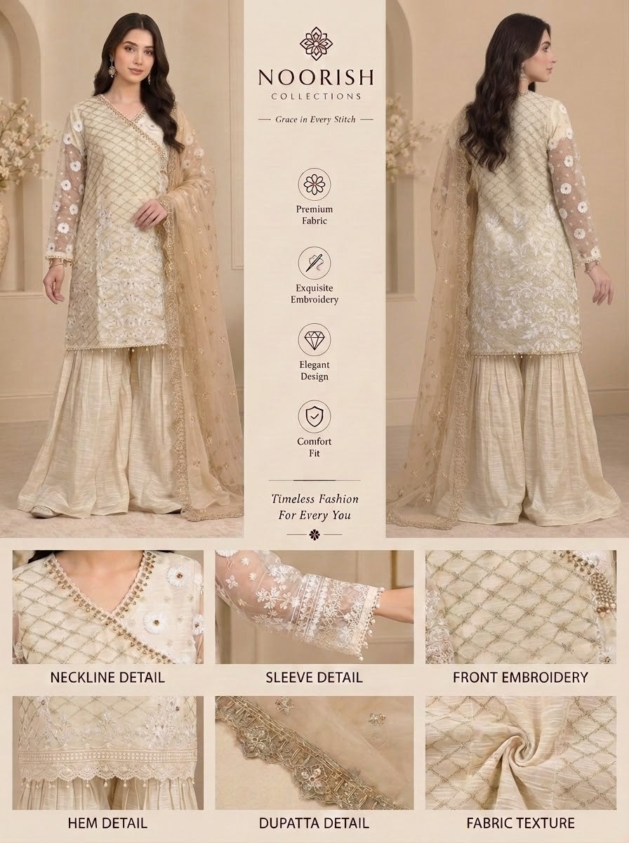 Off White – Embroidered 3-Piece Angrakha Style With Heavly Flared Sharara