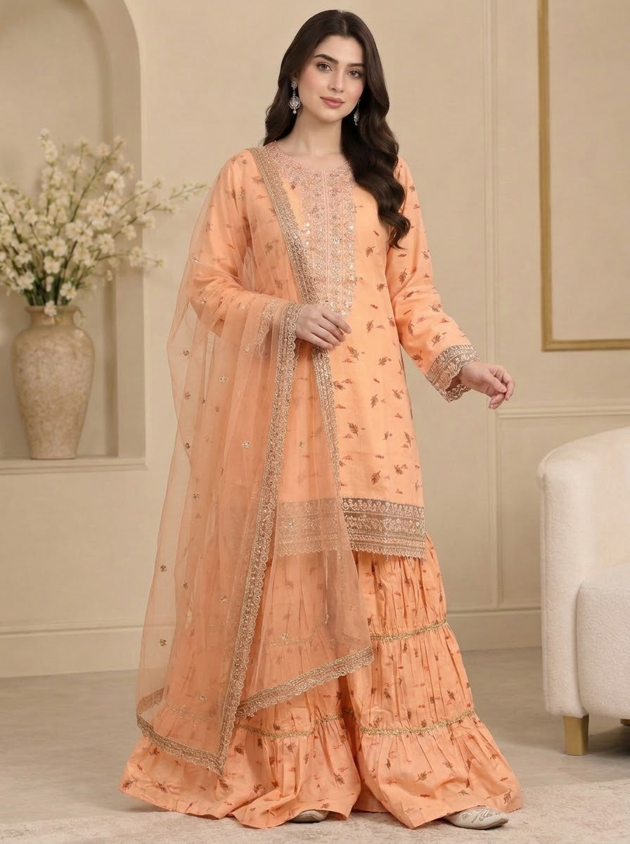 Elegant Peach Embroidered 3-Piece Pure Cotton Khaddar suit