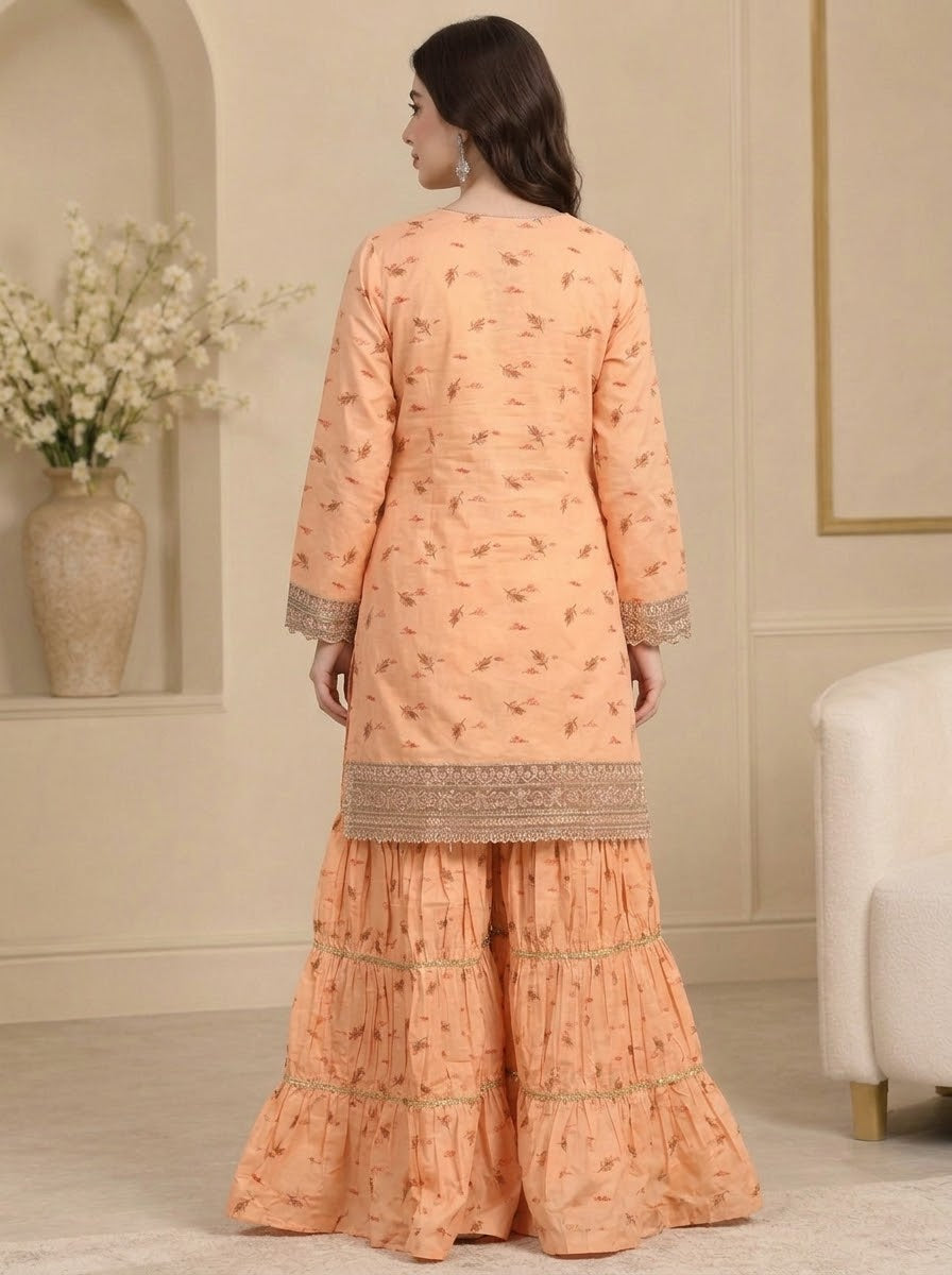 Elegant Peach Embroidered 3-Piece Pure Cotton Khaddar suit