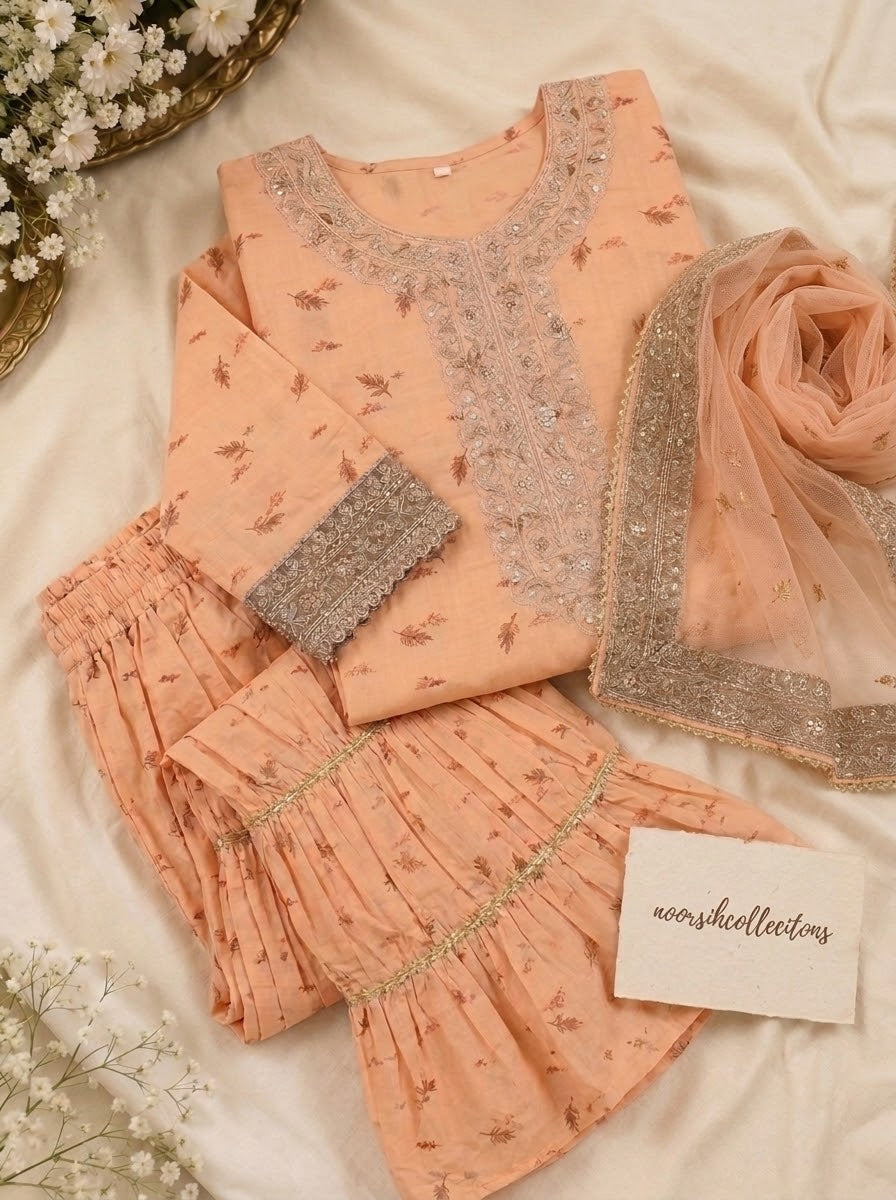 Elegant Peach Embroidered 3-Piece Pure Cotton Khaddar suit