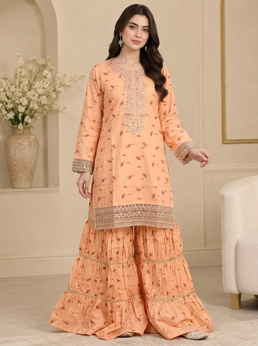 Elegant Peach Embroidered 3-Piece Pure Cotton Khaddar suit