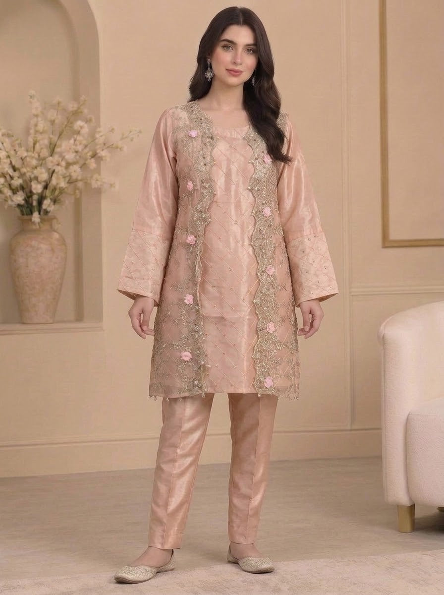 Blush Pink Embroidered Organza Shirt with Raw Silk Trousers – Formal 3 Piece Suit