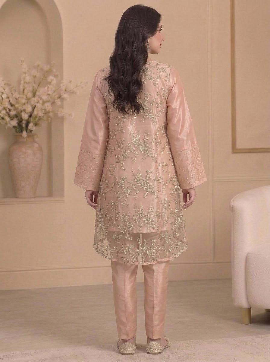 Blush Pink Embroidered Organza Shirt with Raw Silk Trousers – Formal 3 Piece Suit