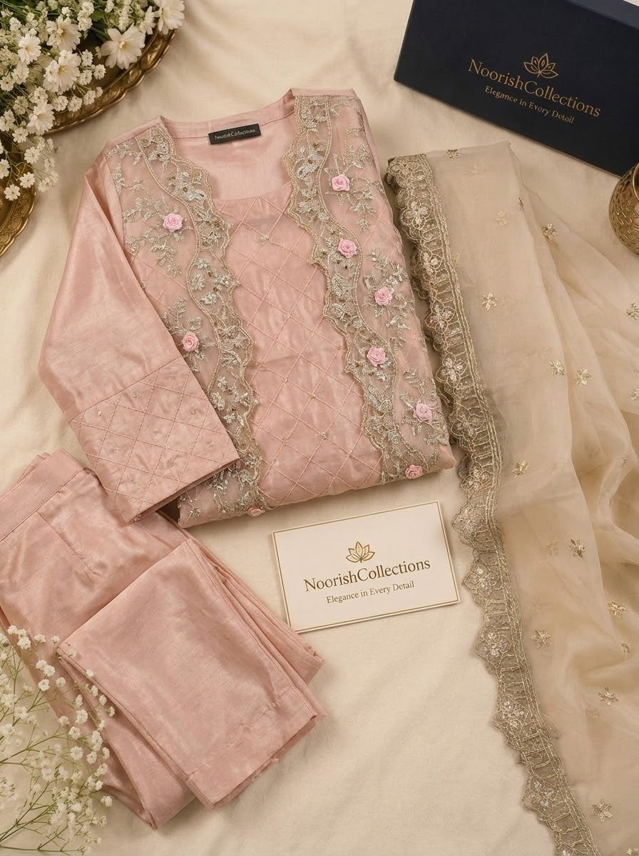Blush Pink Embroidered Organza Shirt with Raw Silk Trousers – Formal 3 Piece Suit