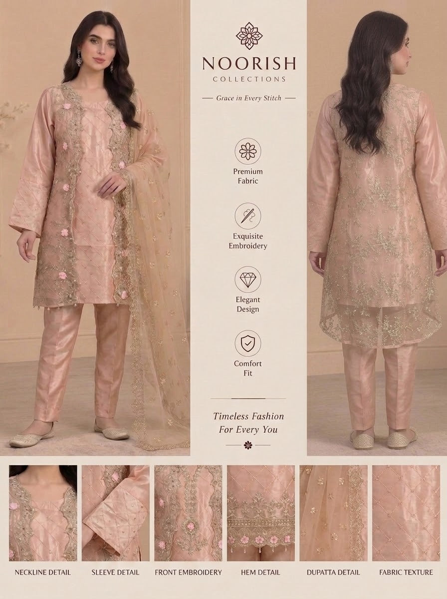 Blush Pink Embroidered Organza Shirt with Raw Silk Trousers – Formal 3 Piece Suit