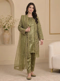 Olive Green Embroidered Luxury 3-Piece Suit with Organza Dupatta