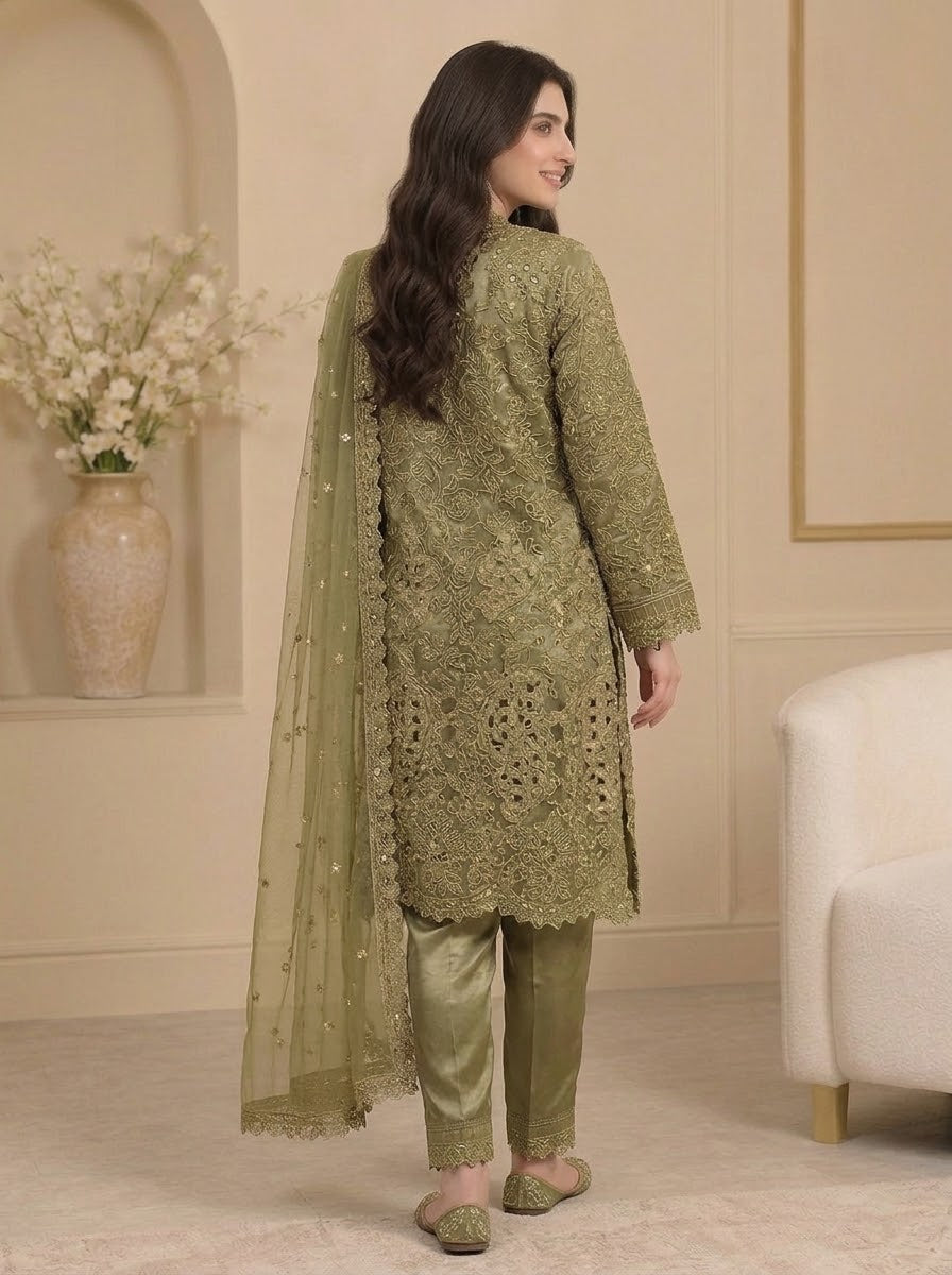 Olive Green Embroidered Luxury 3-Piece Suit with Organza Dupatta