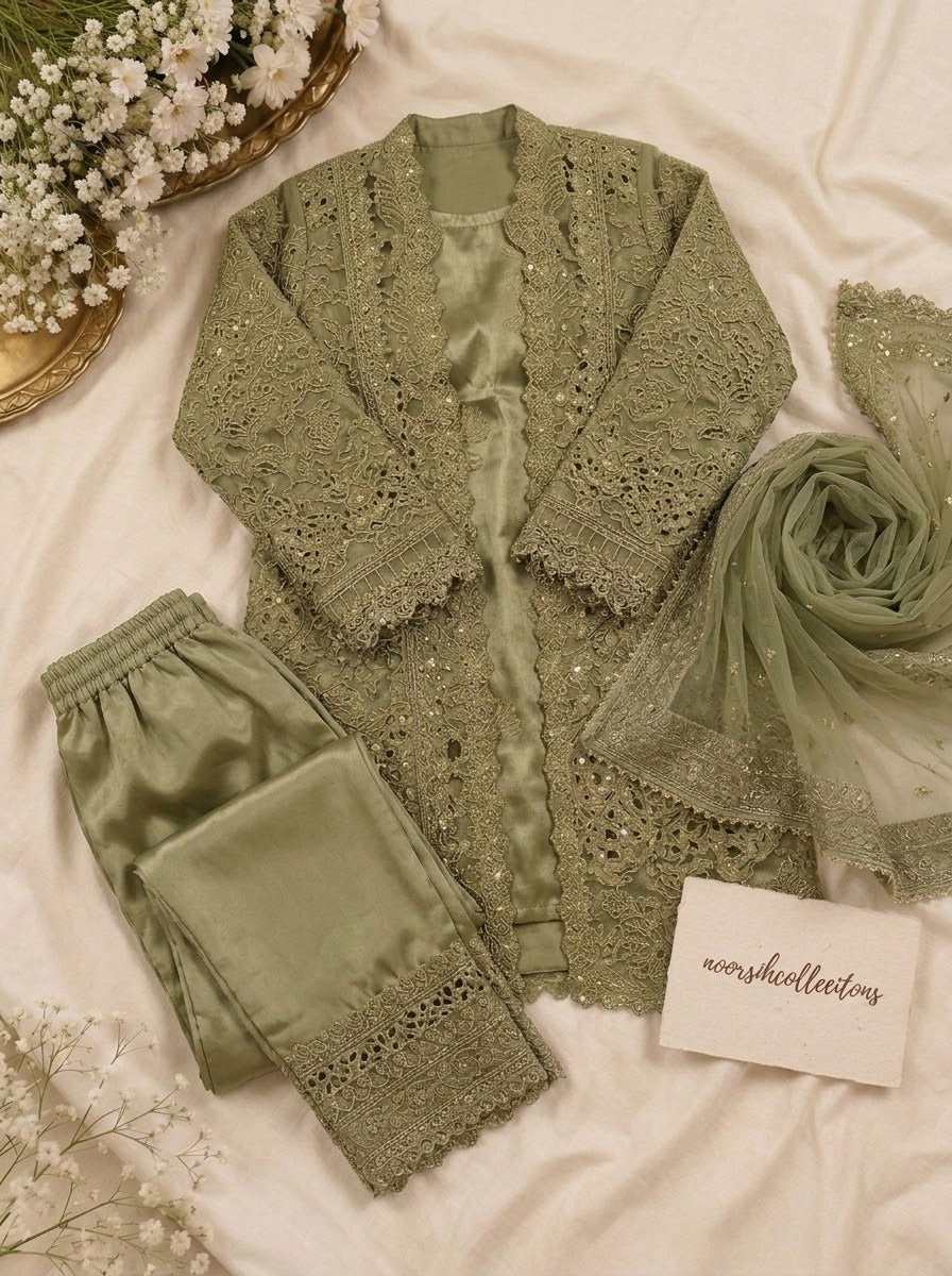 Olive Green Embroidered Luxury 3-Piece Suit with Organza Dupatta