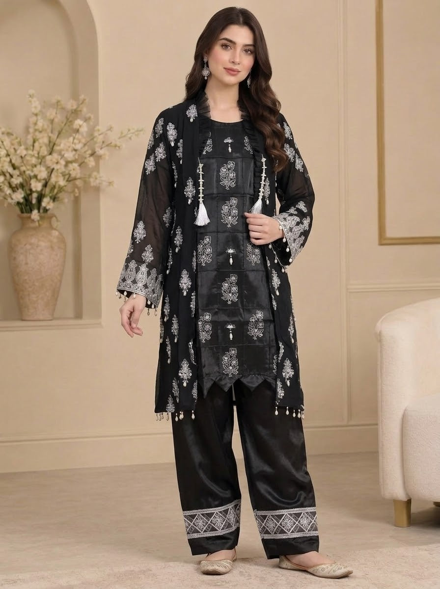 Black Embroidered Luxury 3-Piece Suit with Organza Dupatta