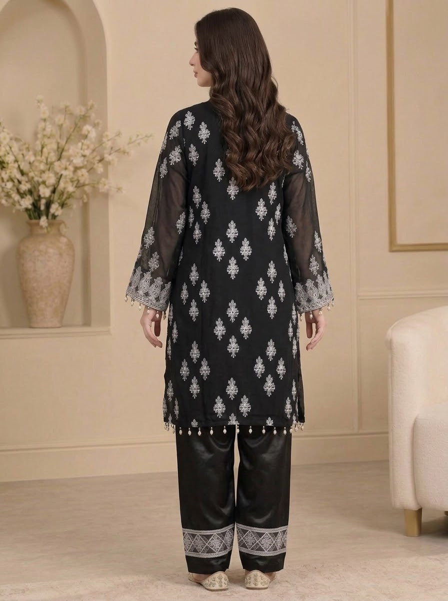 Black Embroidered Luxury 3-Piece Suit with Organza Dupatta