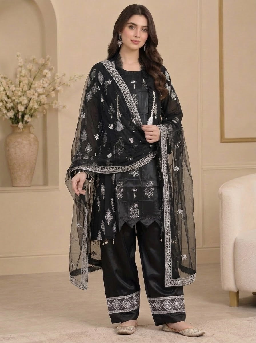 Black Embroidered Luxury 3-Piece Suit with Organza Dupatta