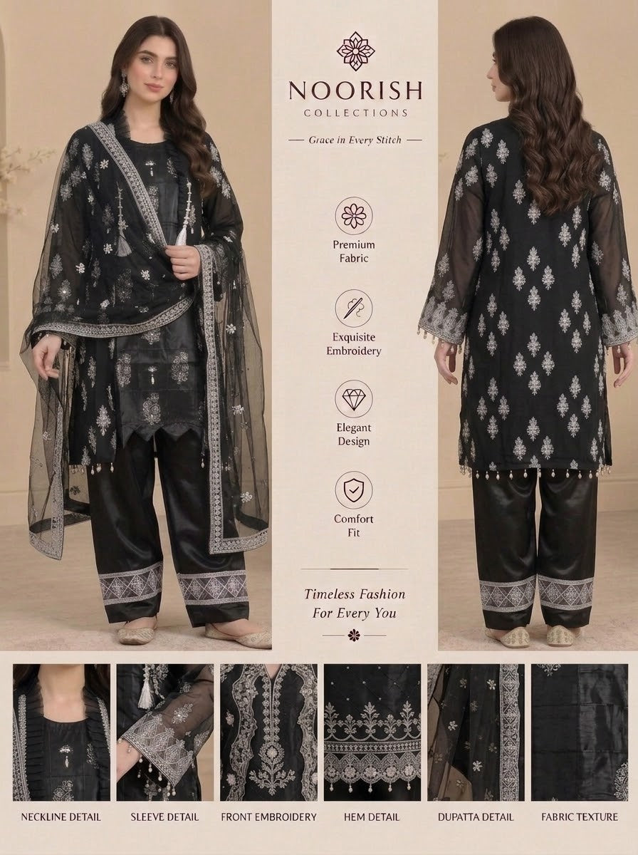 Black Embroidered Luxury 3-Piece Suit with Organza Dupatta