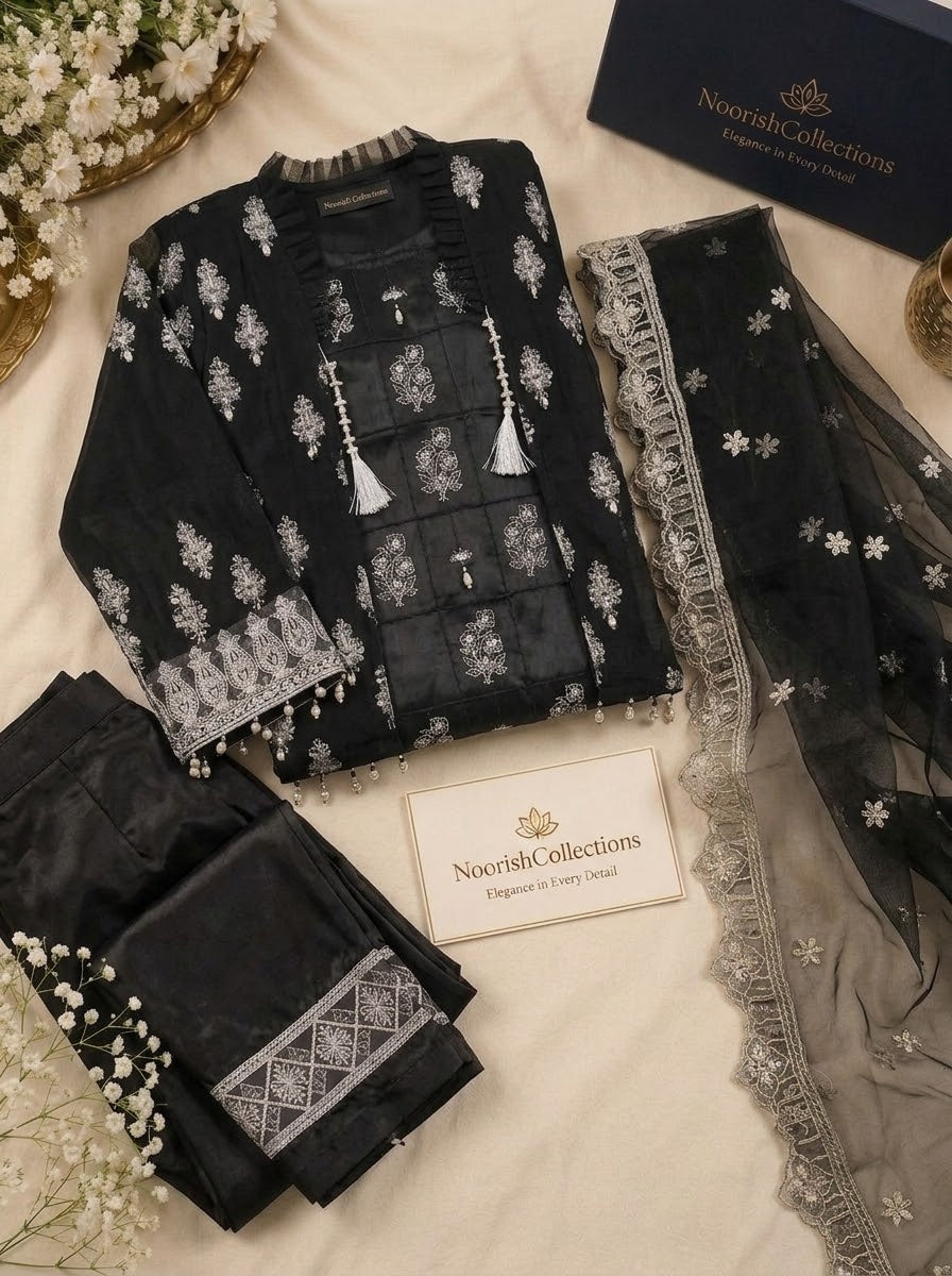 Black Embroidered Luxury 3-Piece Suit with Organza Dupatta