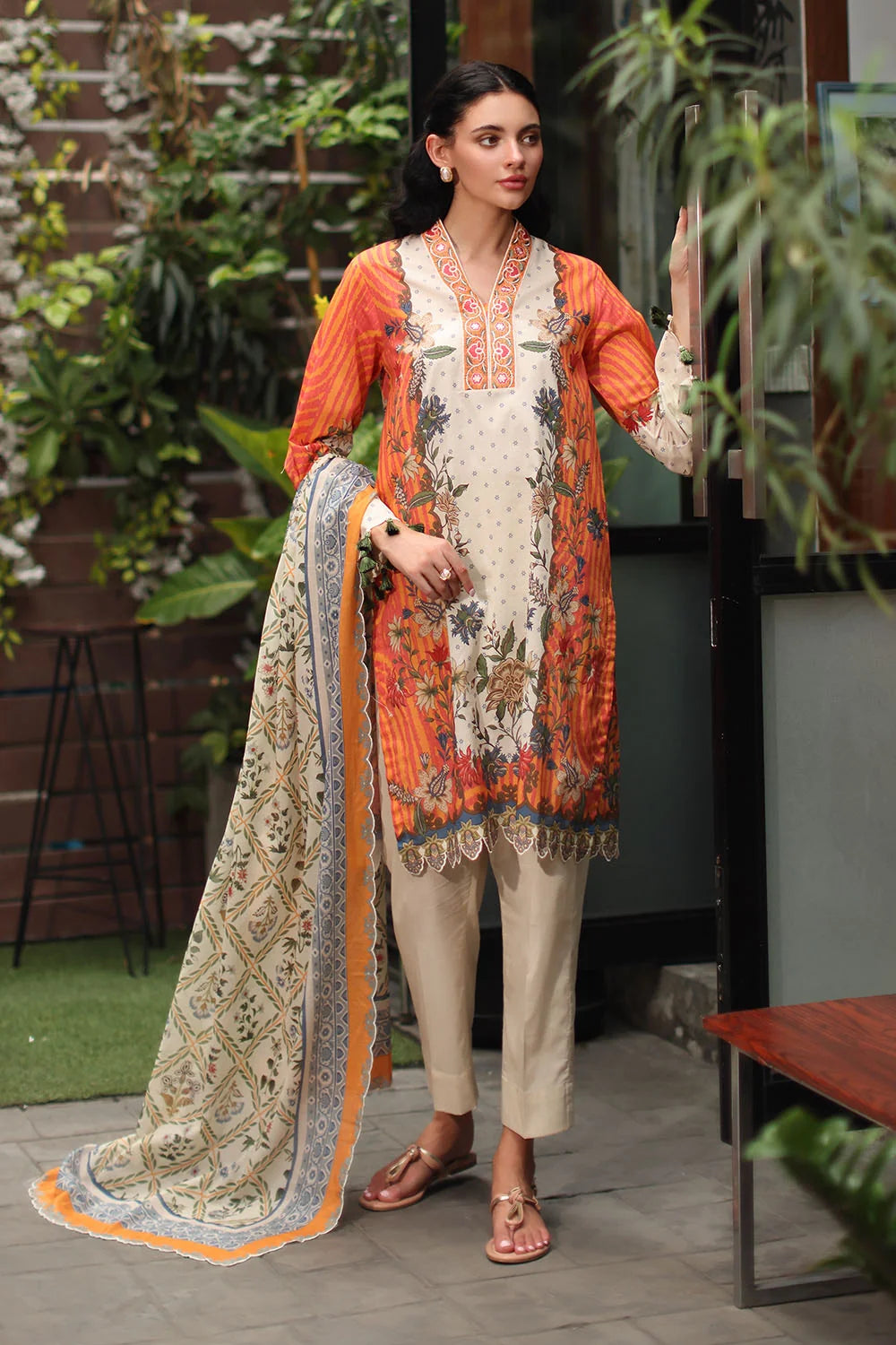 3 Piece Printed Lawn Suit with Printed Lawn Dupatta and Lace