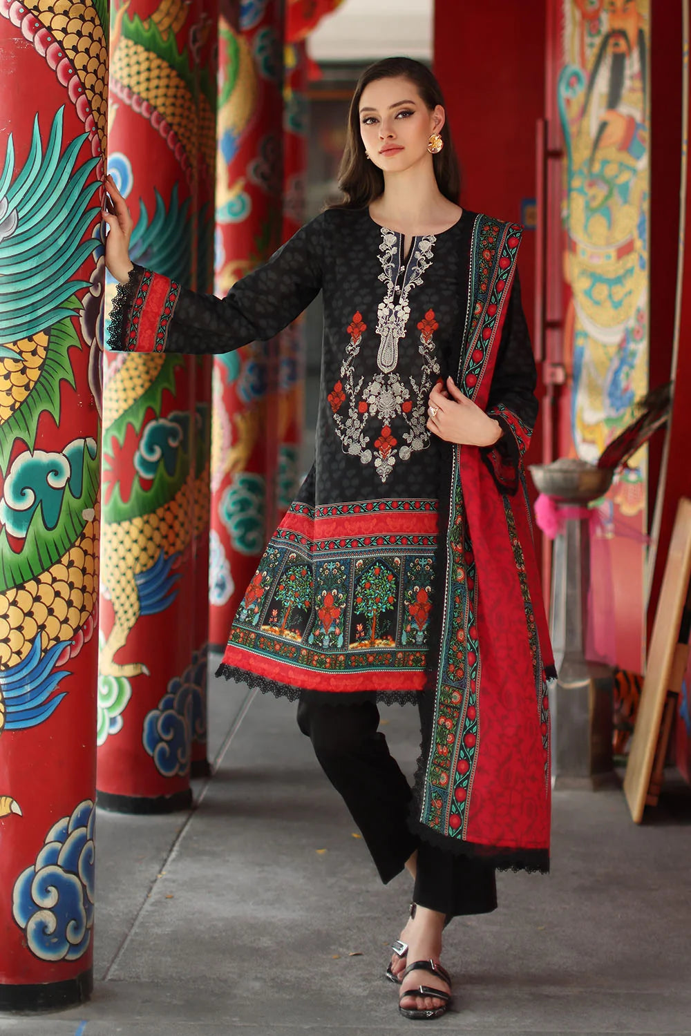 3 Piece Printed Lawn Suit with Printed Lawn Dupatta and Embroidered Neckline