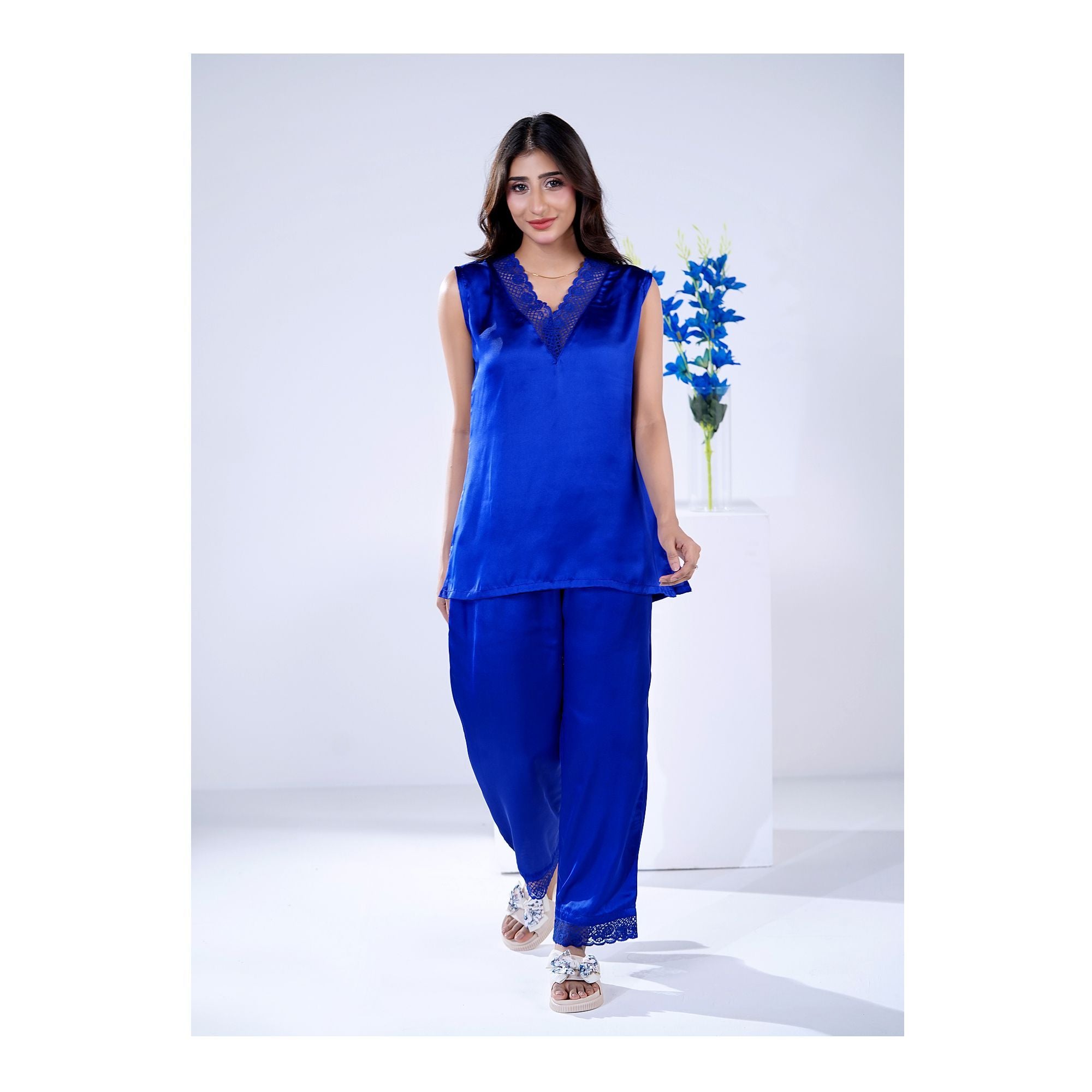 Women's V-Neck Sleeveless Top & Trouser With Lace Trims, 2 Piece Set, Silk, Royal Blue, SW-131
