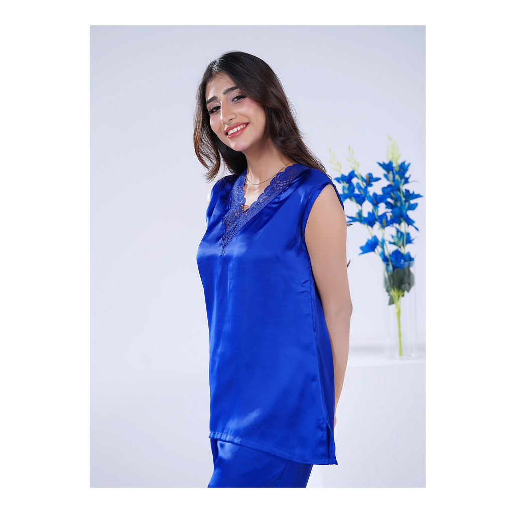 Women's V-Neck Sleeveless Top & Trouser With Lace Trims, 2 Piece Set, Silk, Royal Blue, SW-131