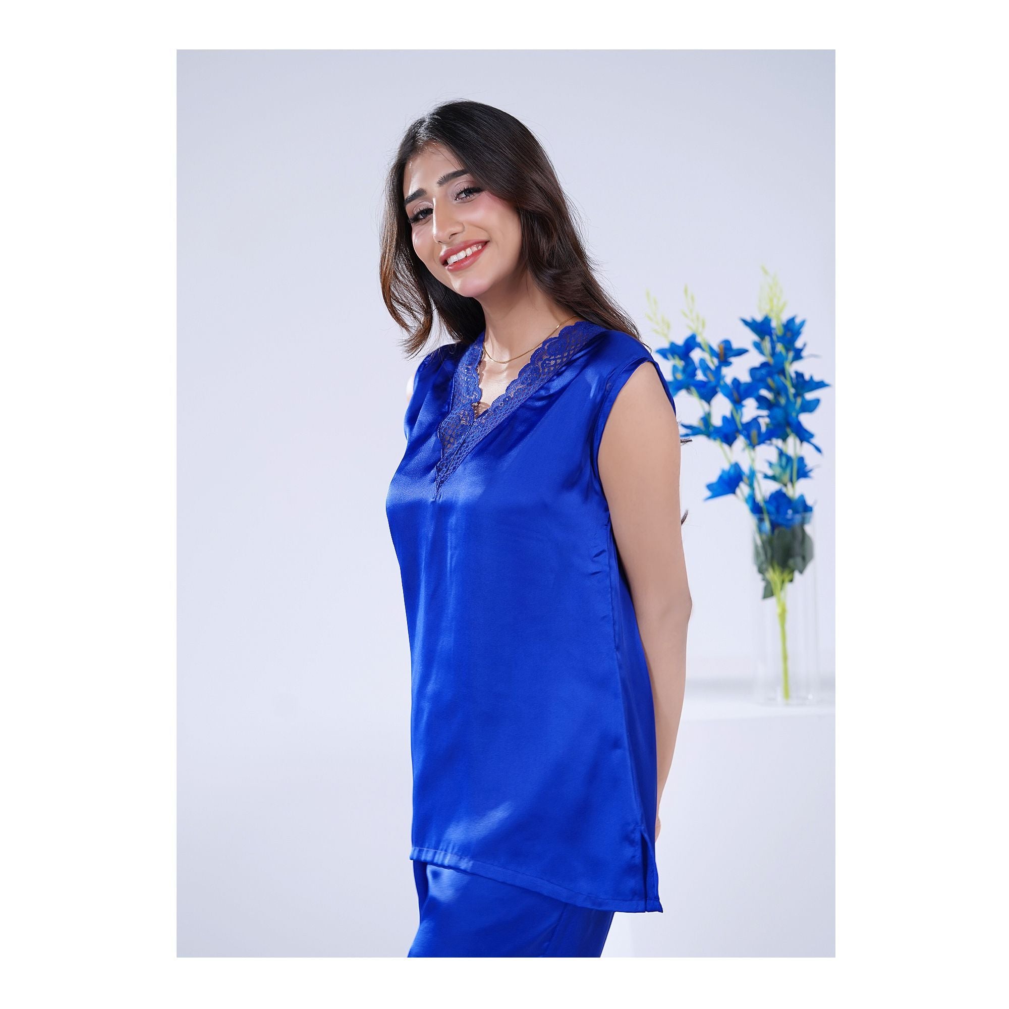 Women's V-Neck Sleeveless Top & Trouser With Lace Trims, 2 Piece Set, Silk, Royal Blue, SW-131