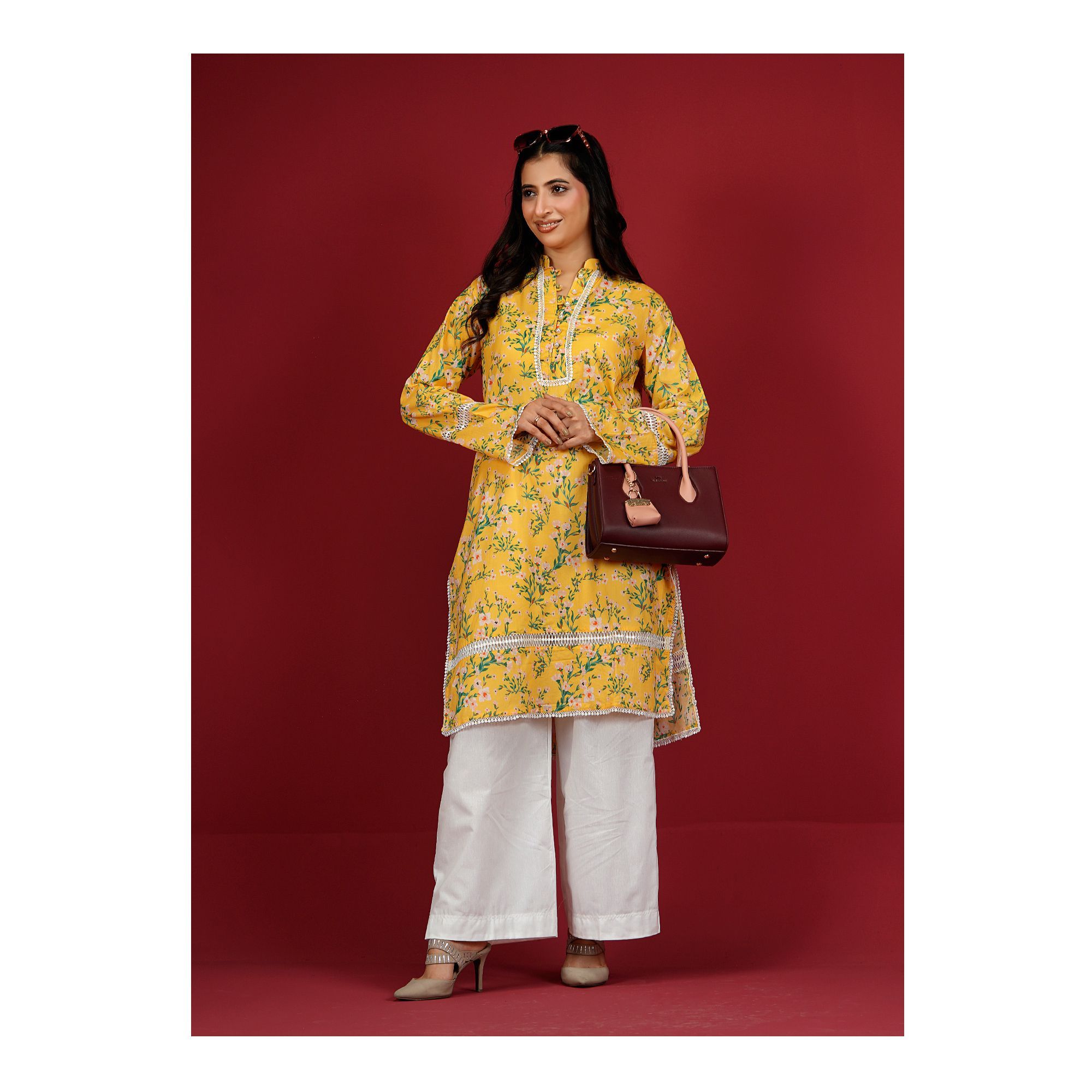 Digital Printed Fancy Lawn Yellow Shirt With Lace, LS-507