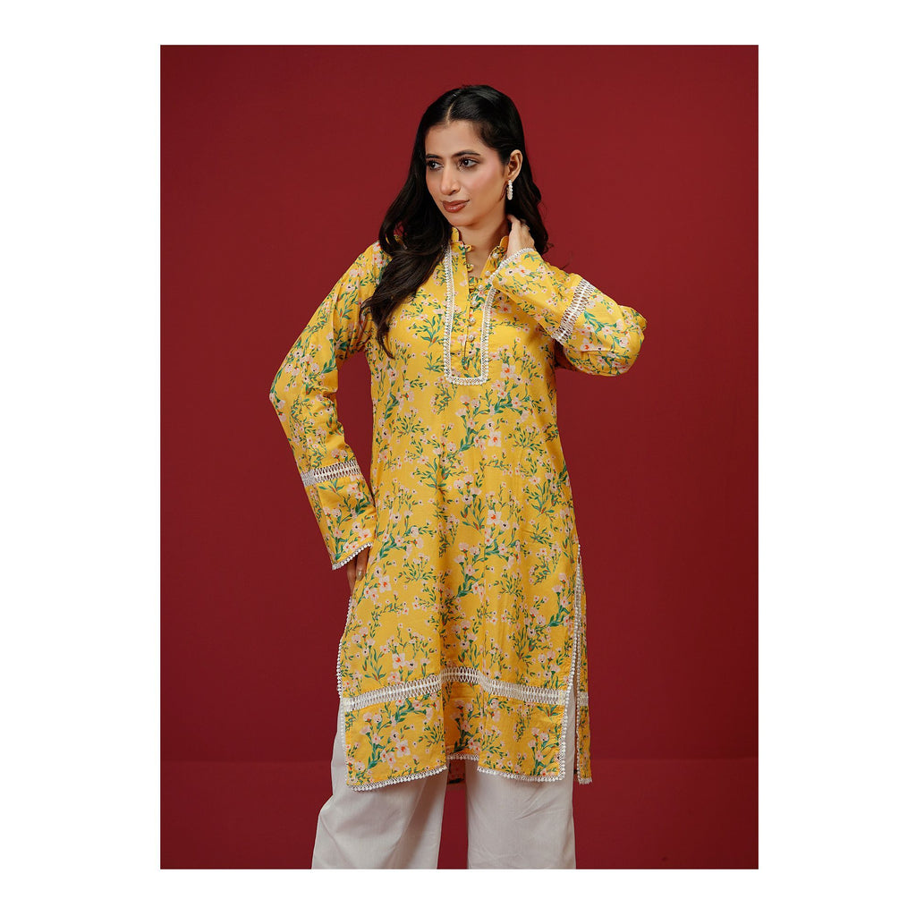 Digital Printed Fancy Lawn Yellow Shirt With Lace, LS-507