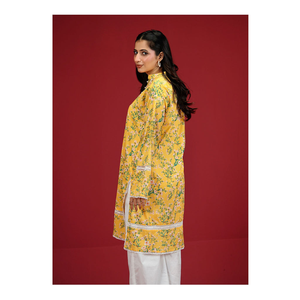 Digital Printed Fancy Lawn Yellow Shirt With Lace, LS-507