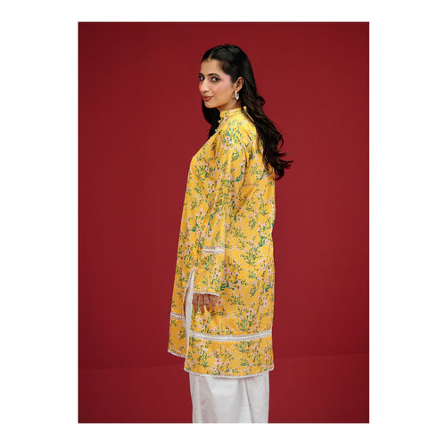 Digital Printed Fancy Lawn Yellow Shirt With Lace, LS-507