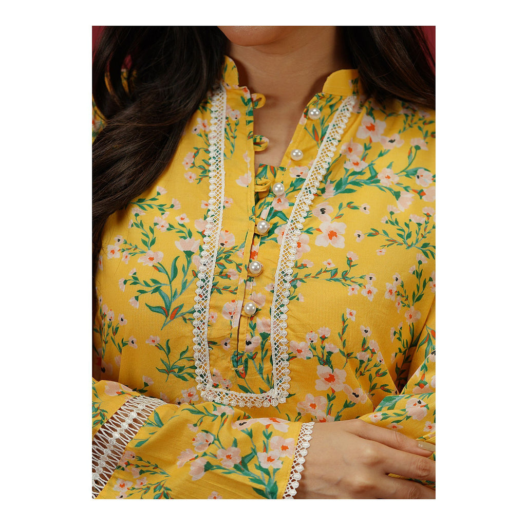 Digital Printed Fancy Lawn Yellow Shirt With Lace, LS-507