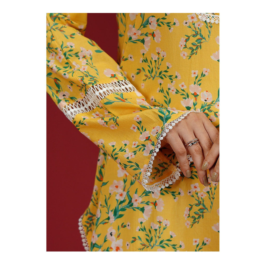 Digital Printed Fancy Lawn Yellow Shirt With Lace, LS-507