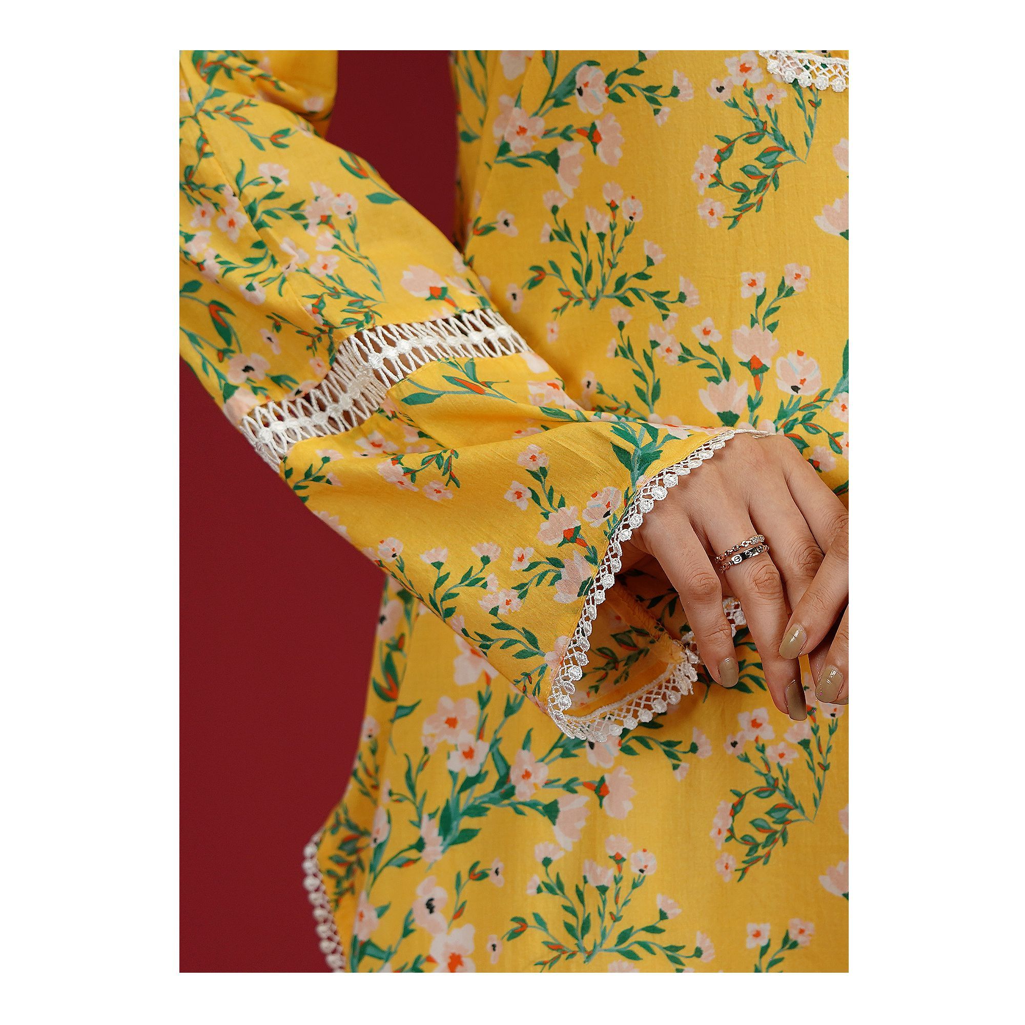Digital Printed Fancy Lawn Yellow Shirt With Lace, LS-507