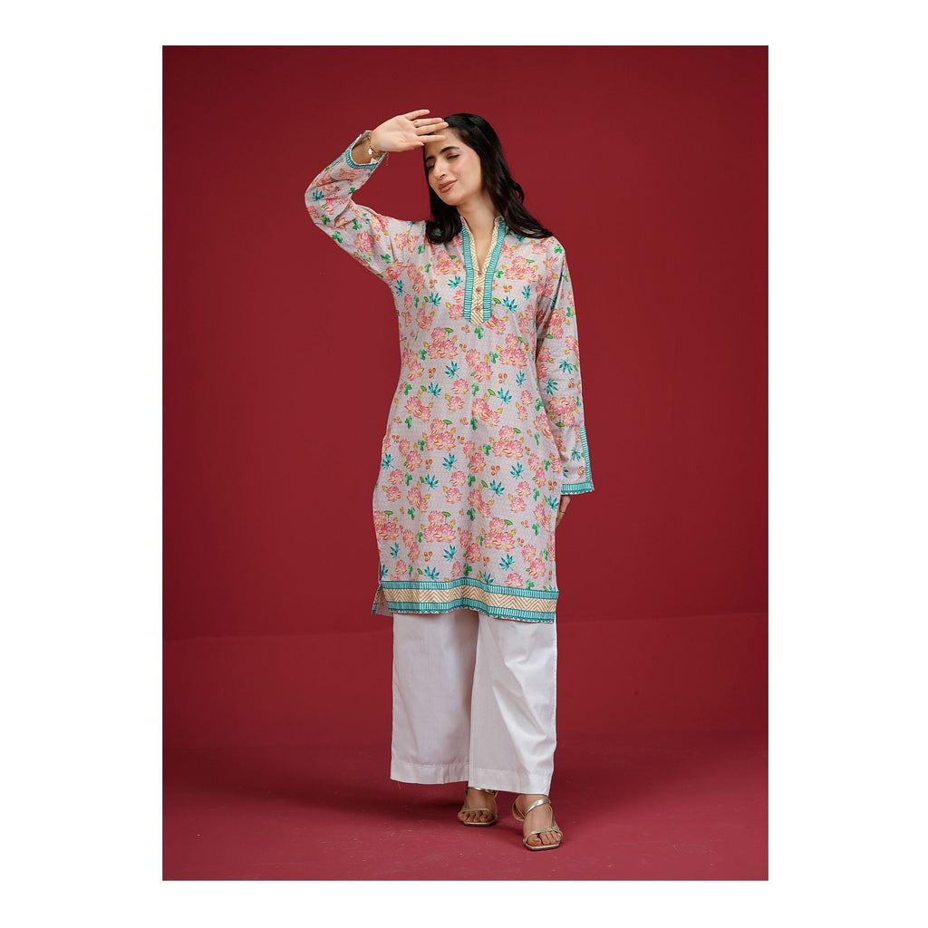 Pink Floral With Green Border Cambric Fancy Shirt, CAS-509