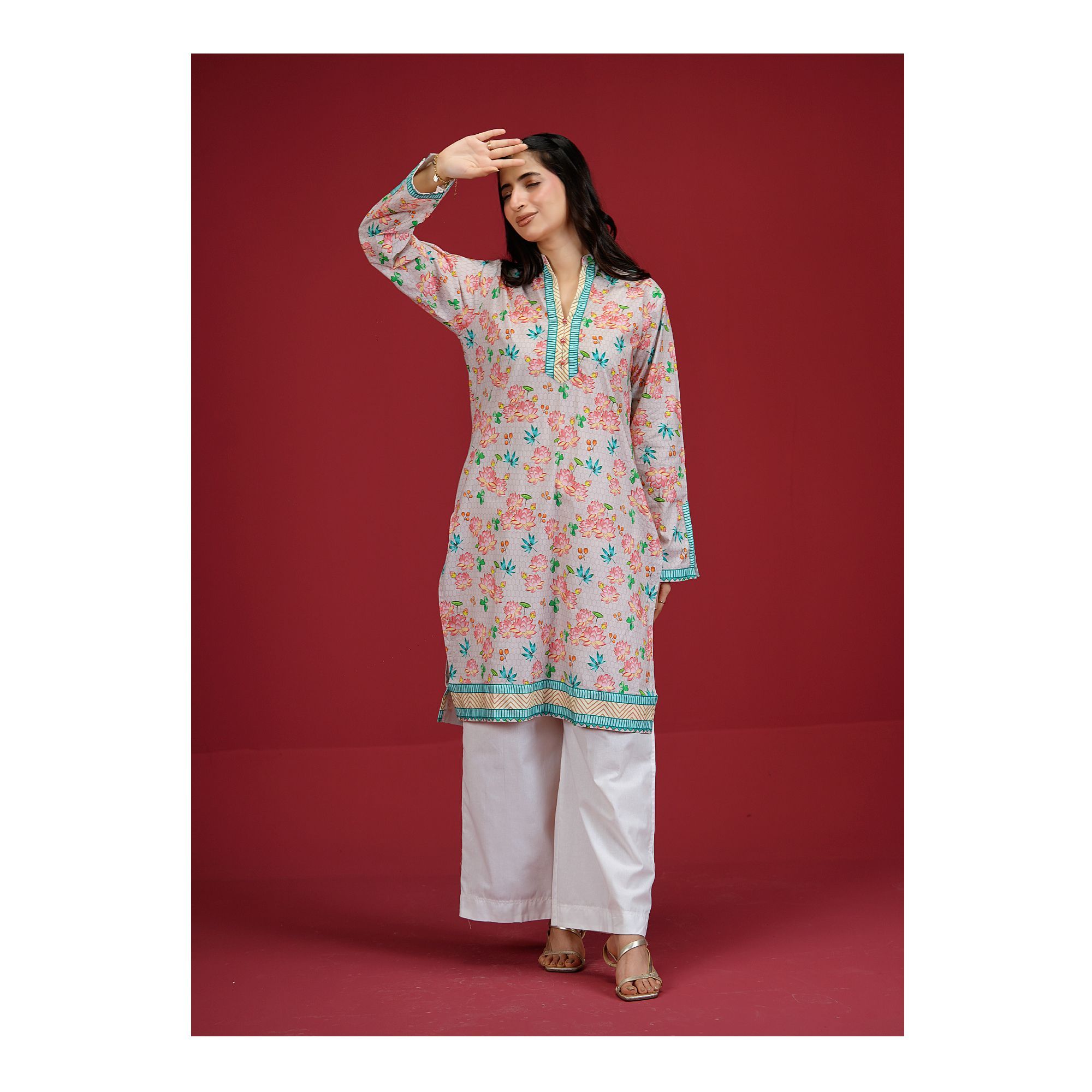 Pink Floral With Green Border Cambric Fancy Shirt, CAS-509