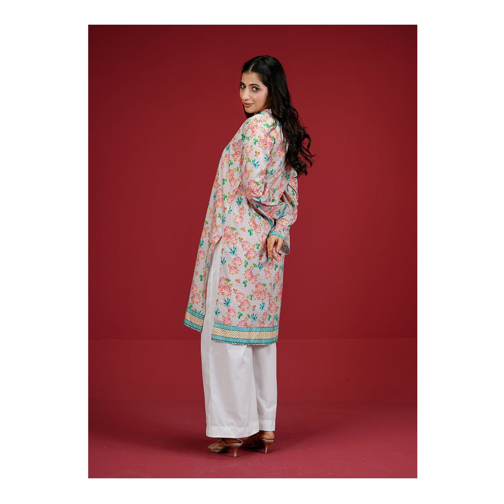 Pink Floral With Green Border Cambric Fancy Shirt, CAS-509