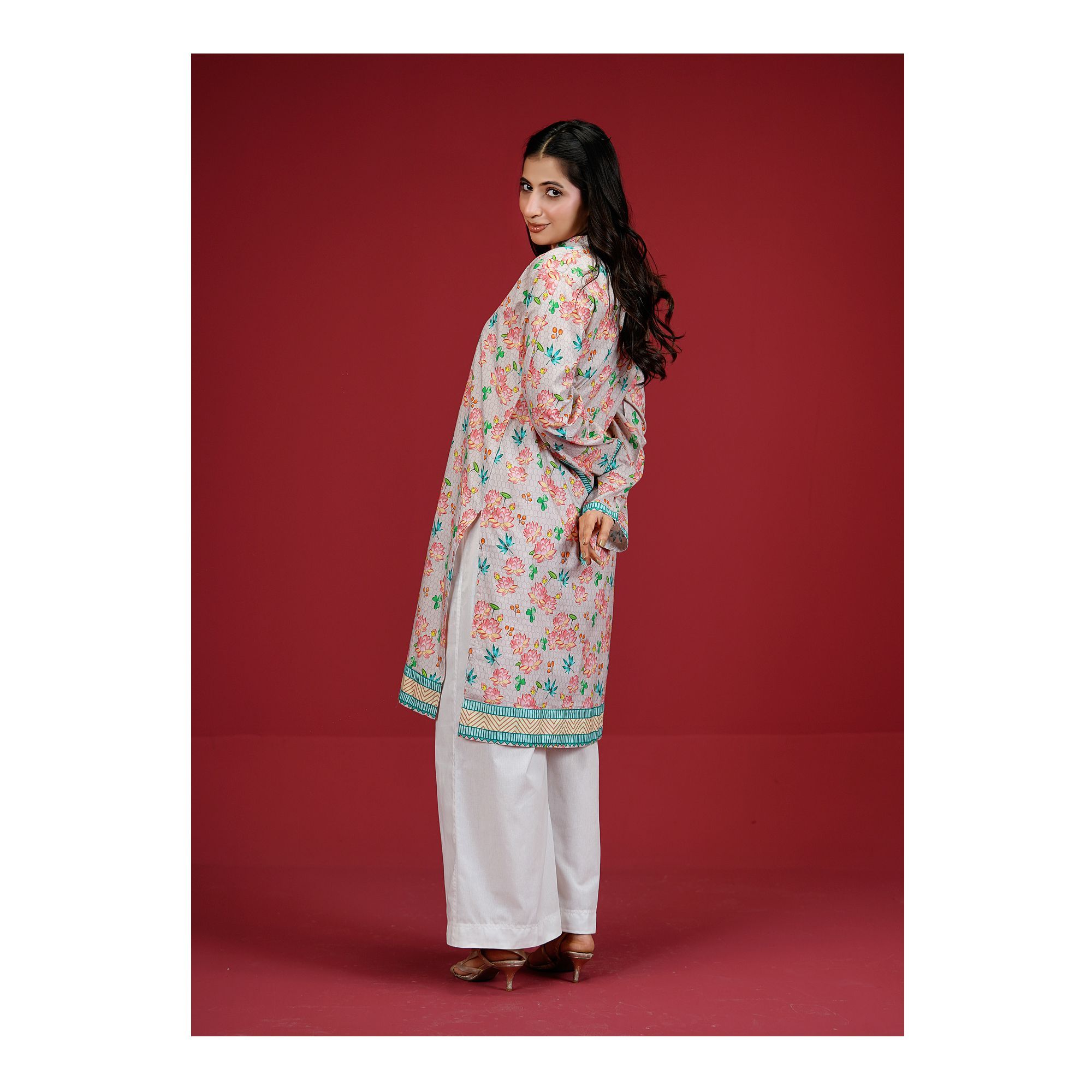 Pink Floral With Green Border Cambric Fancy Shirt, CAS-509