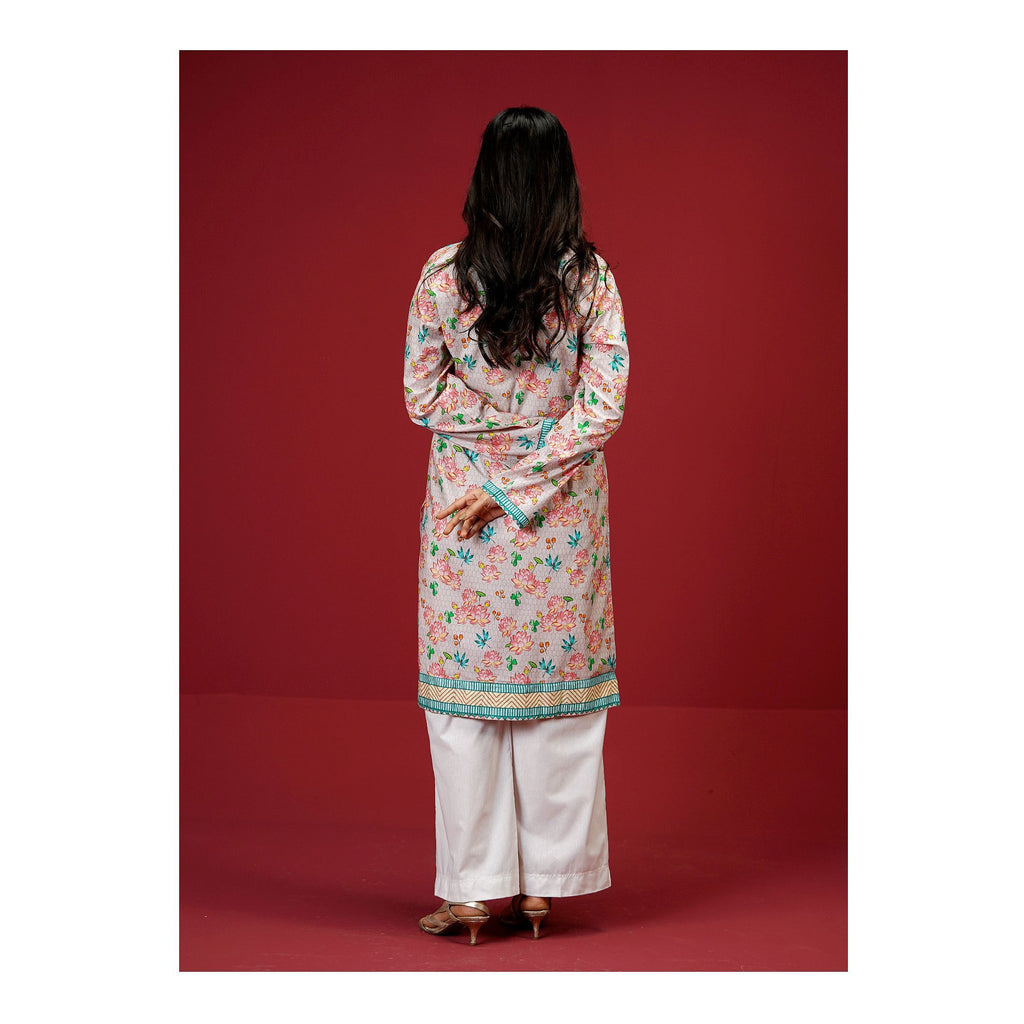 Pink Floral With Green Border Cambric Fancy Shirt, CAS-509