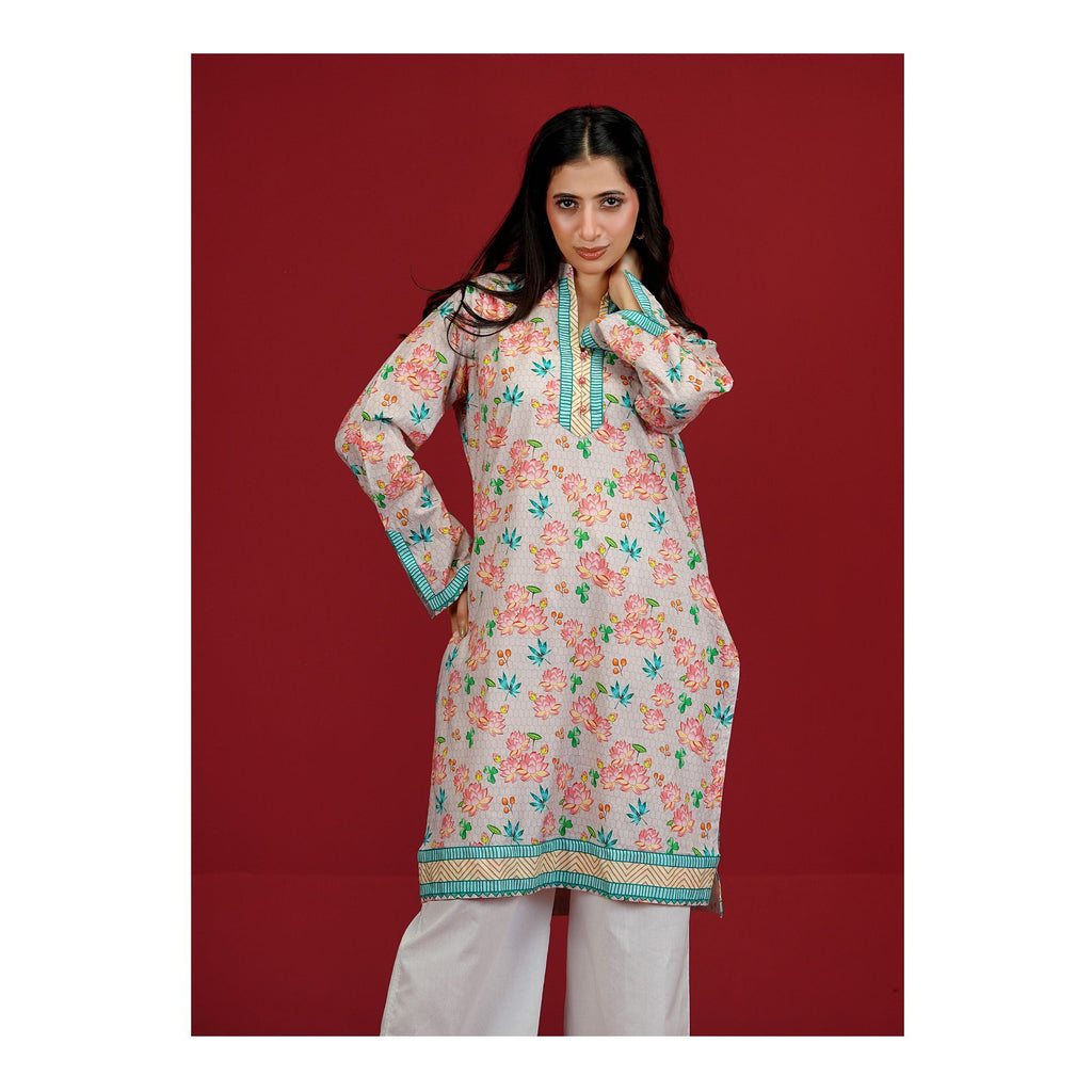 Pink Floral With Green Border Cambric Fancy Shirt, CAS-509
