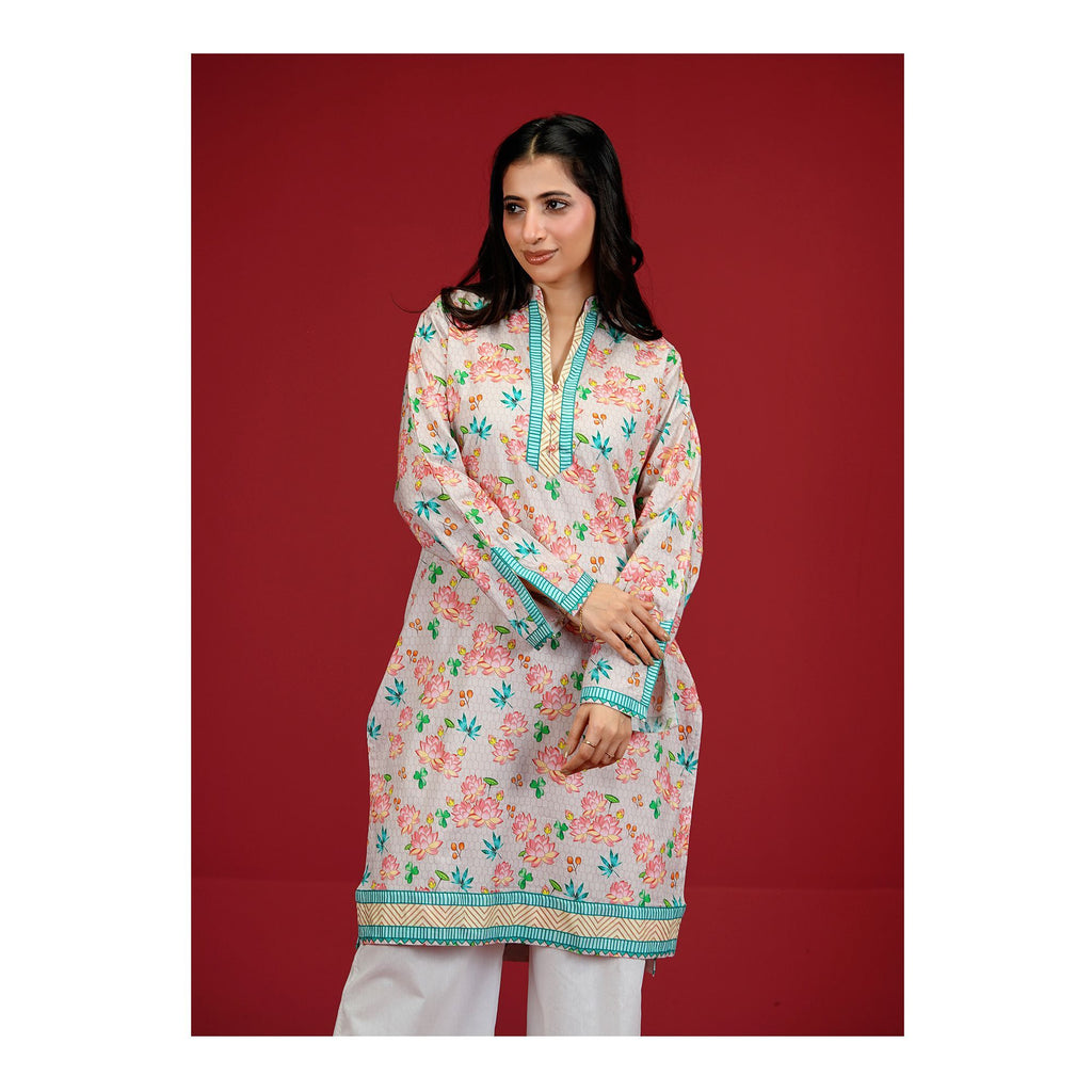 Pink Floral With Green Border Cambric Fancy Shirt, CAS-509