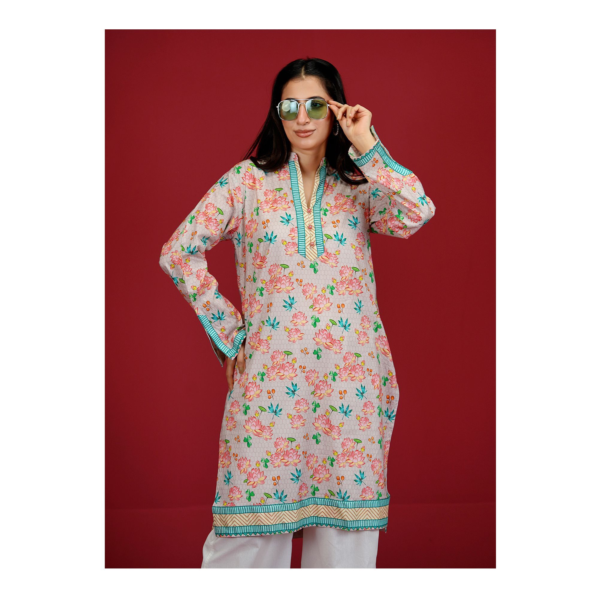 Pink Floral With Green Border Cambric Fancy Shirt, CAS-509
