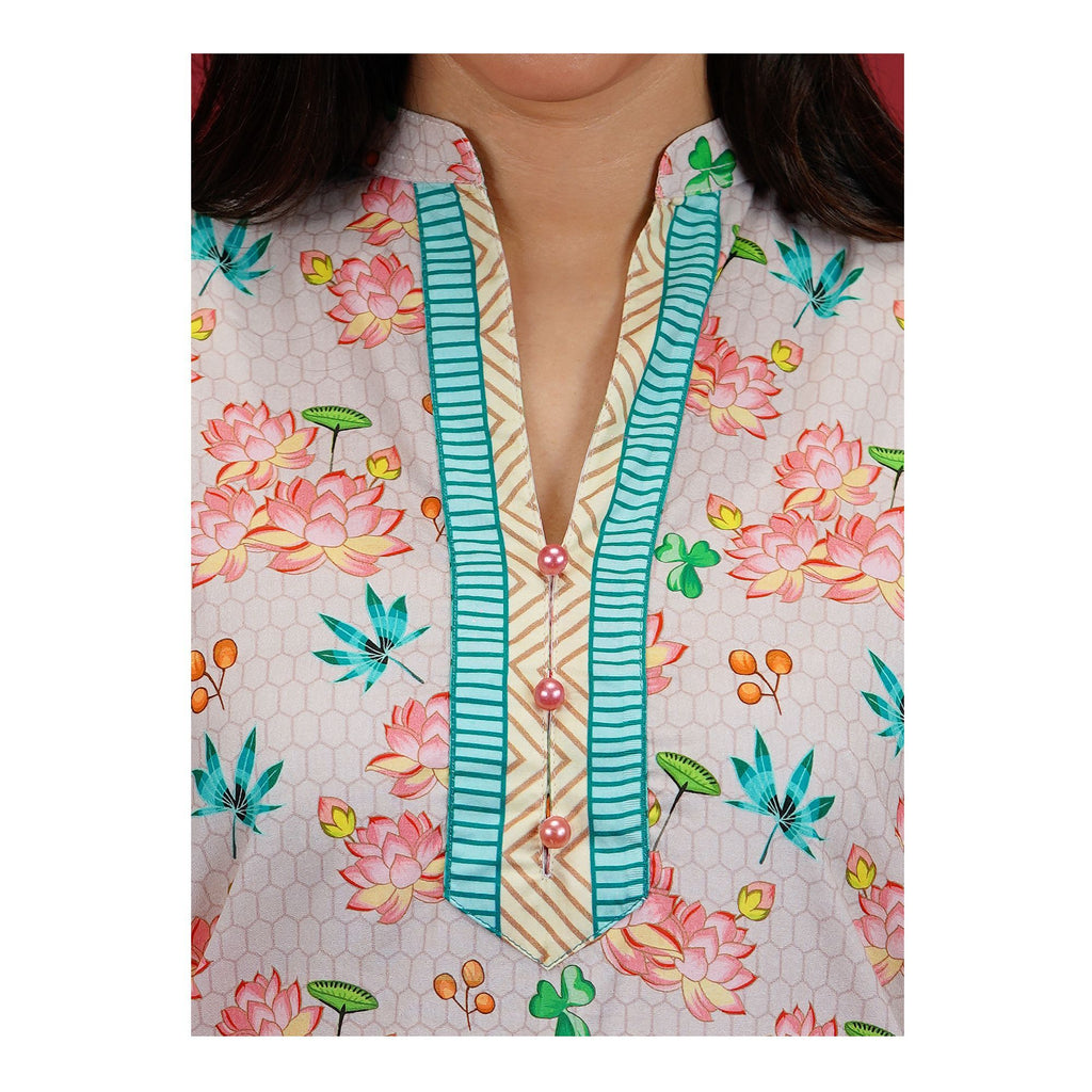 Pink Floral With Green Border Cambric Fancy Shirt, CAS-509