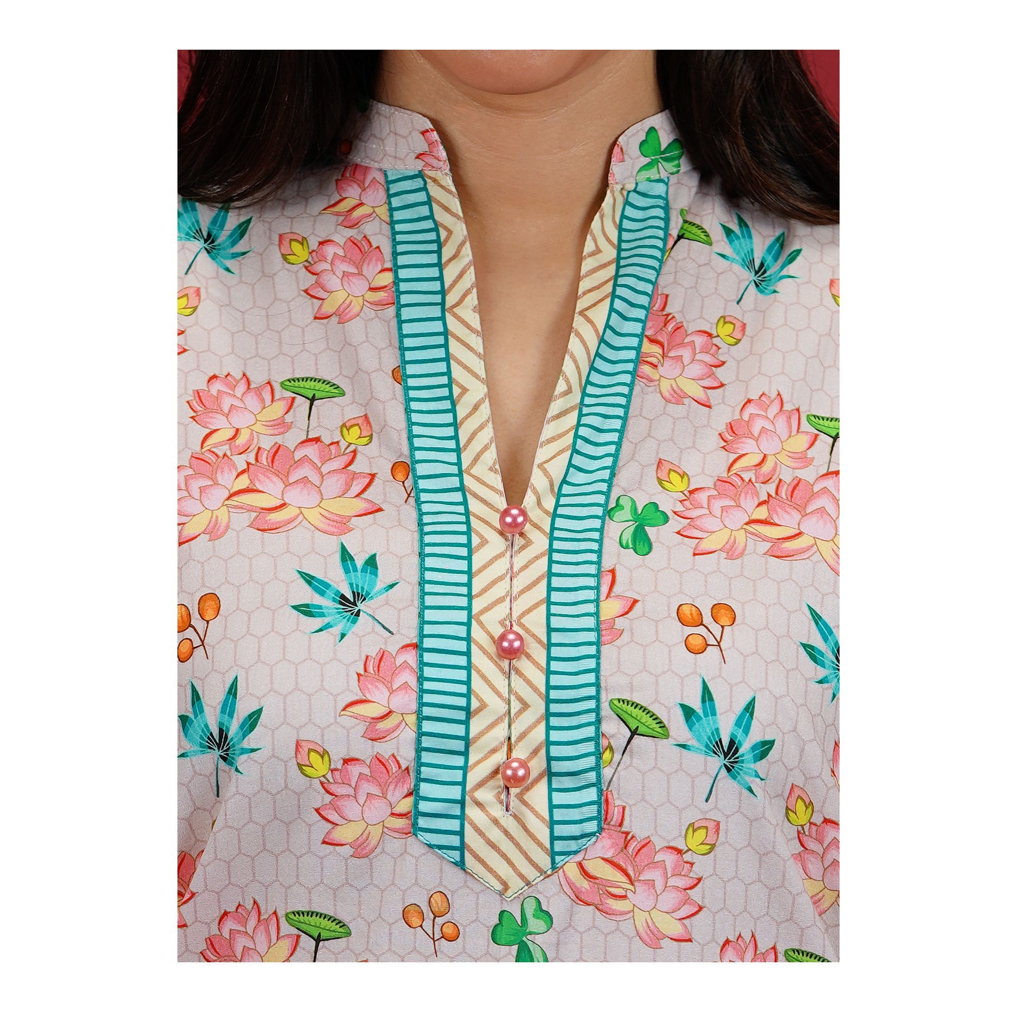 Pink Floral With Green Border Cambric Fancy Shirt, CAS-509