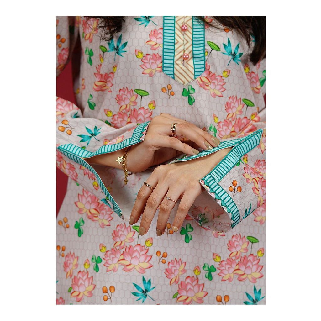 Pink Floral With Green Border Cambric Fancy Shirt, CAS-509